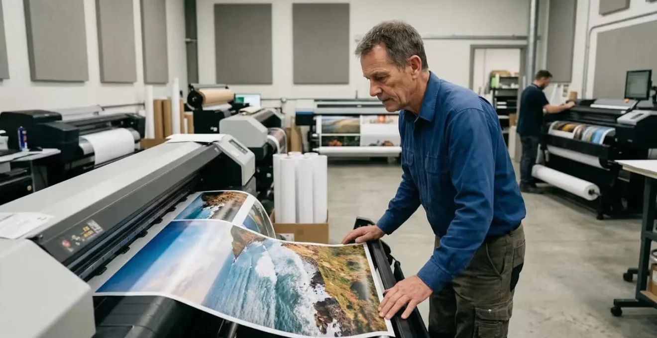 Technicien observant des impressions grand format dans un atelier d'imprimerie multi-support