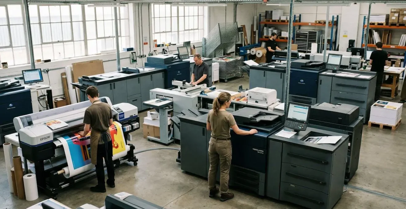 Vue d'ensemble d'un atelier d'imprimerie moderne avec opérateurs en action devant des presses, ambiance industrielle lumineuse.