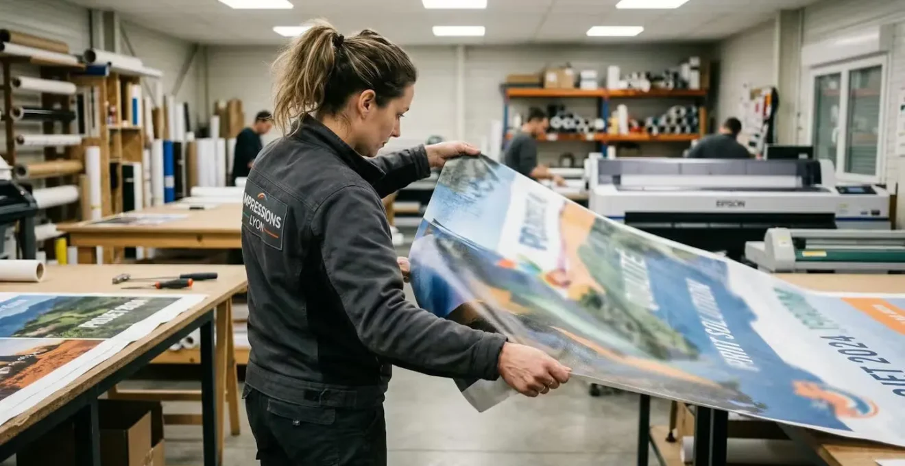 Technicien inspectant une bâche imprimée lors du contrôle qualité