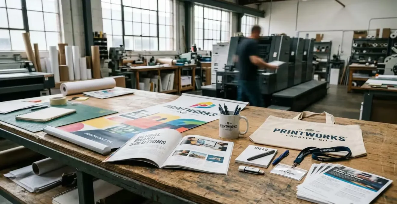 Variété de supports imprimés exposés sur une table d'atelier professionnel