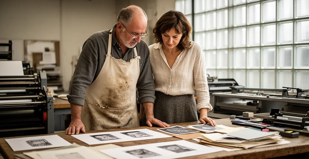 Imprimeur conseil en discussion avec une cliente autour d'échantillons dans un atelier toulousain