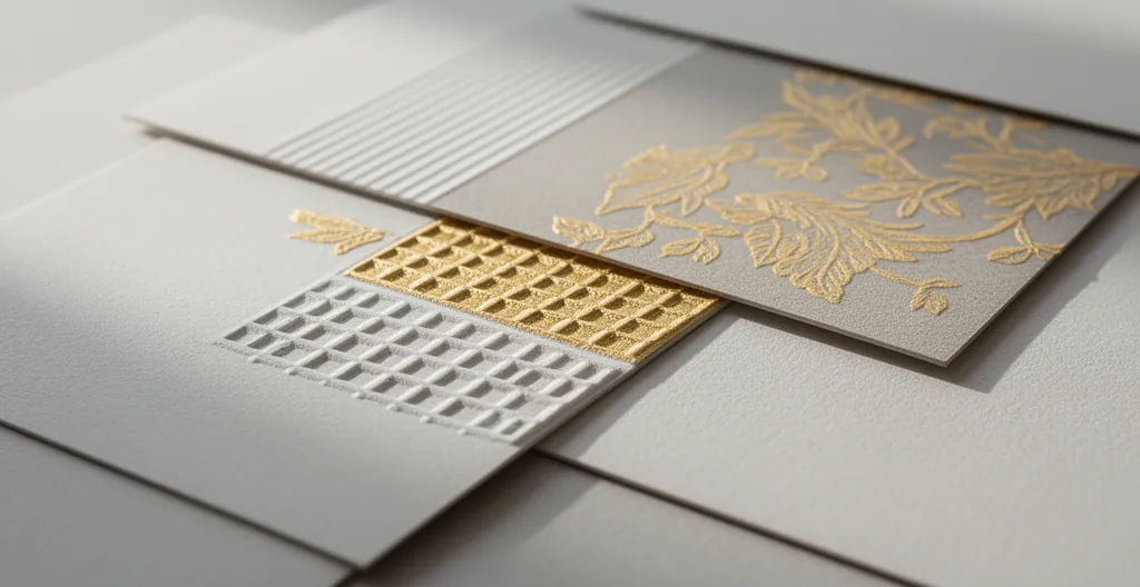 Détail de supports imprimés avec finitions premium gaufrage dorure et pelliculage soft touch