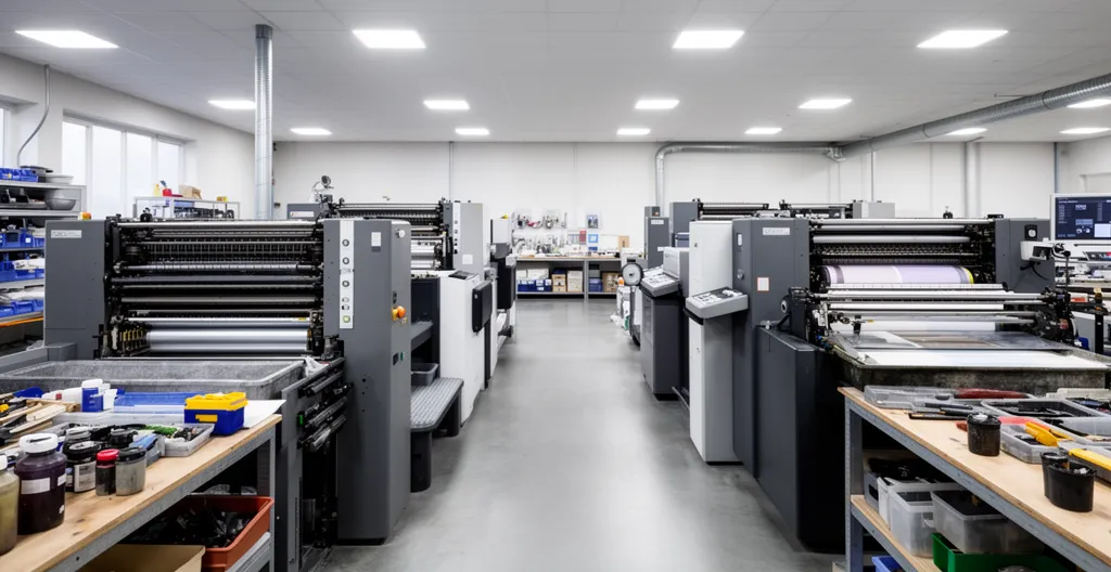 Atelier d'impression professionnel avec machines offset et numériques côte à côte