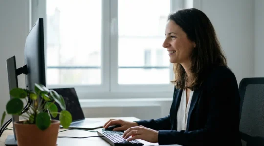 Responsable communication consultant une plateforme d'impression en ligne depuis son bureau