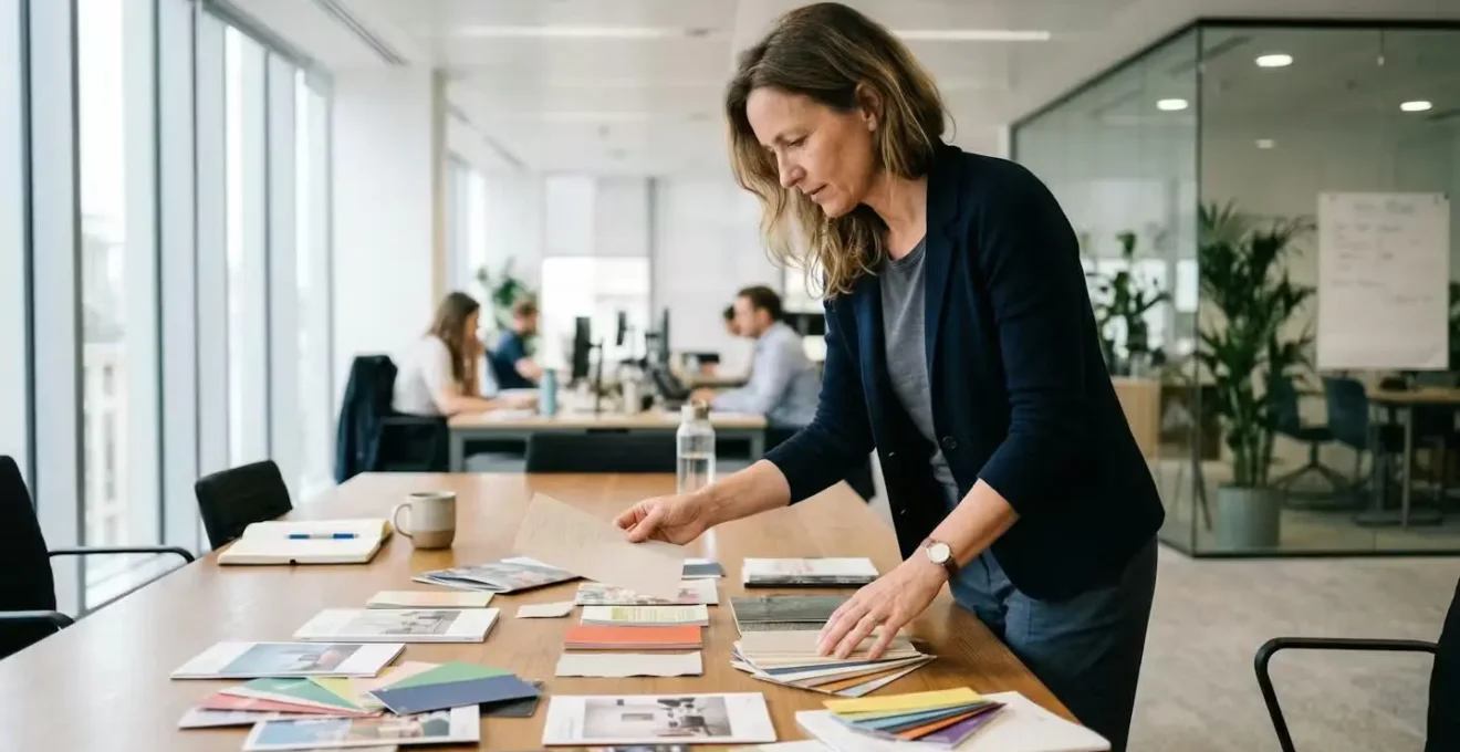 Responsable communication examinant des échantillons de supports imprimés en réunion