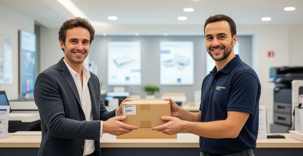 Client récupérant sa commande d'impression au comptoir d'une agence