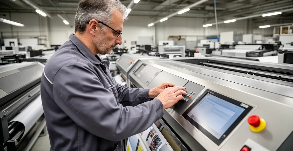 Technicien vérifiant les réglages d'une imprimante numérique grand format en atelier