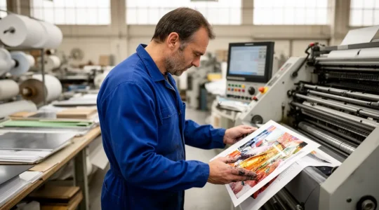 Technicien imprimeur contrôlant la qualité d'impression offset dans un atelier professionnel à Toulouse