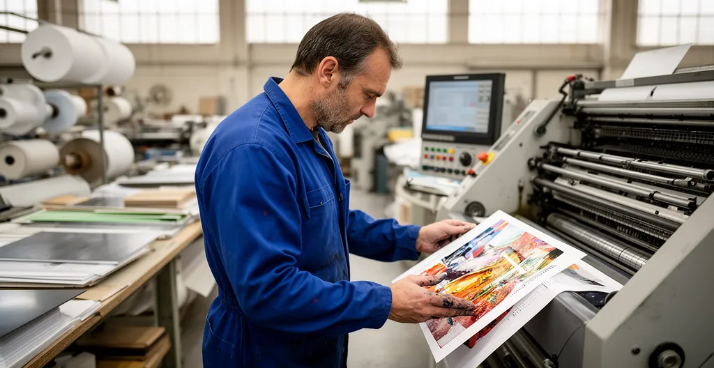 Technicien imprimeur contrôlant la qualité d'impression offset dans un atelier professionnel à Toulouse