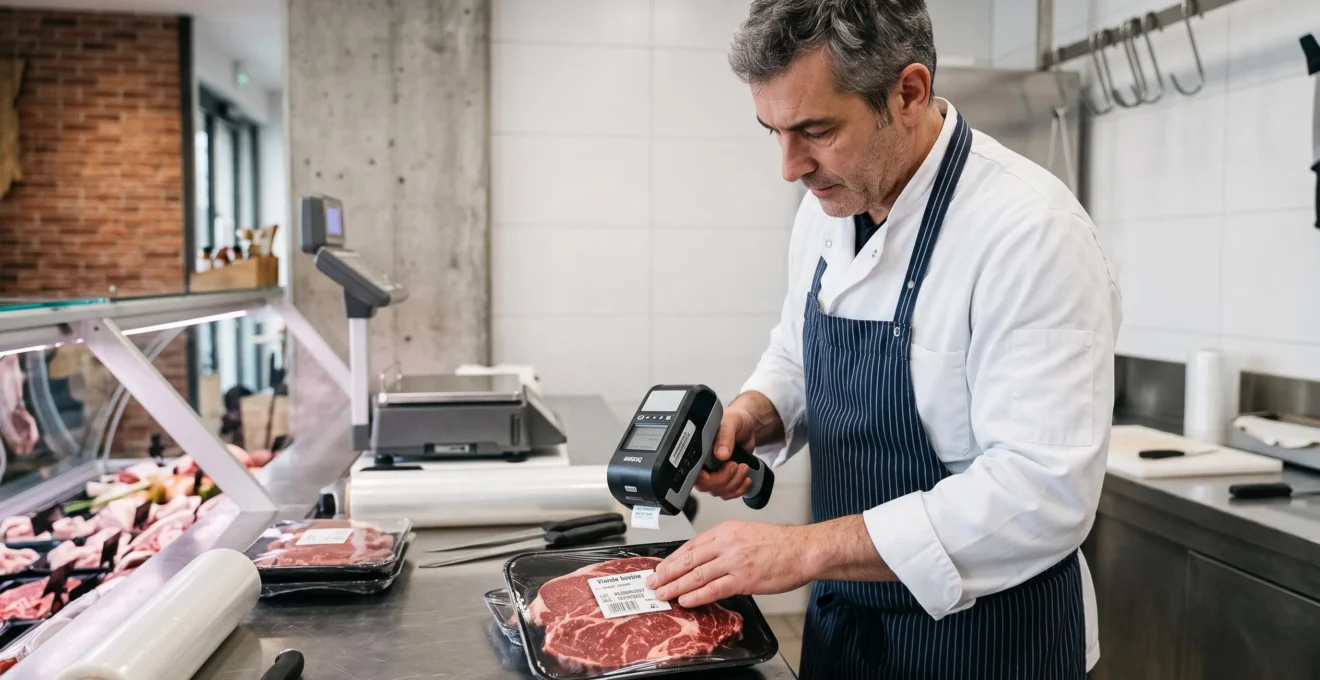 Artisan boucher utilisant une étiqueteuse professionnelle pour apposer une étiquette de traçabilité mentionnant origine France et numéro de lot sur une barquette de viande bovine fraîche dans l'arrière-comptoir de sa boucherie artisanale