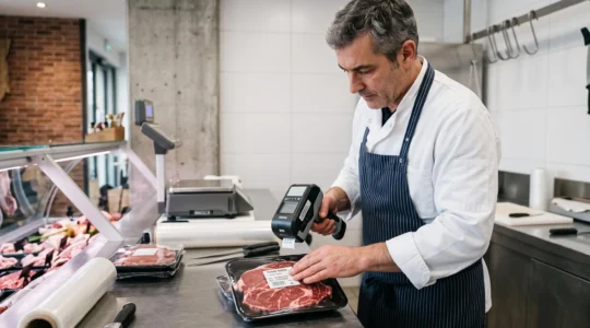 Artisan boucher utilisant une étiqueteuse professionnelle pour apposer une étiquette de traçabilité mentionnant origine France et numéro de lot sur une barquette de viande bovine fraîche dans l'arrière-comptoir de sa boucherie artisanale