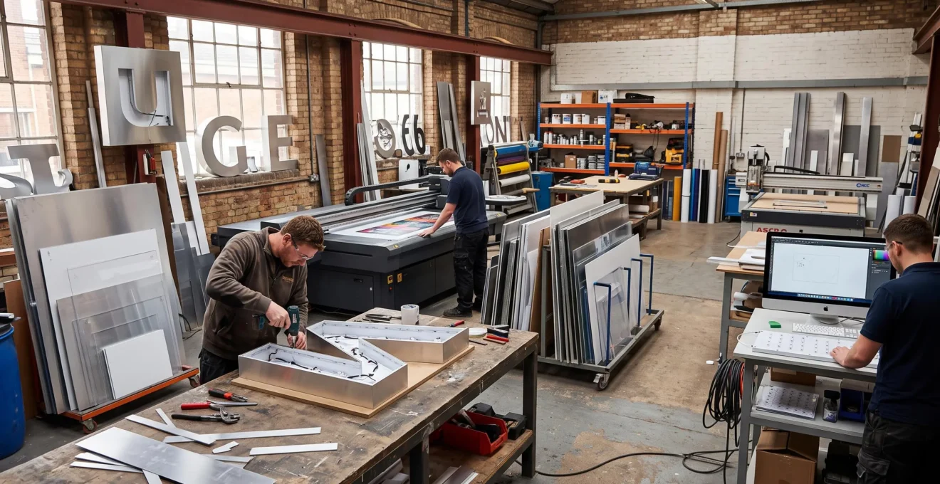 Atelier de fabrication d'enseignes montrant les matériaux modernes et équipements technologiques utilisés pour créer des solutions de signalétique professionnelle