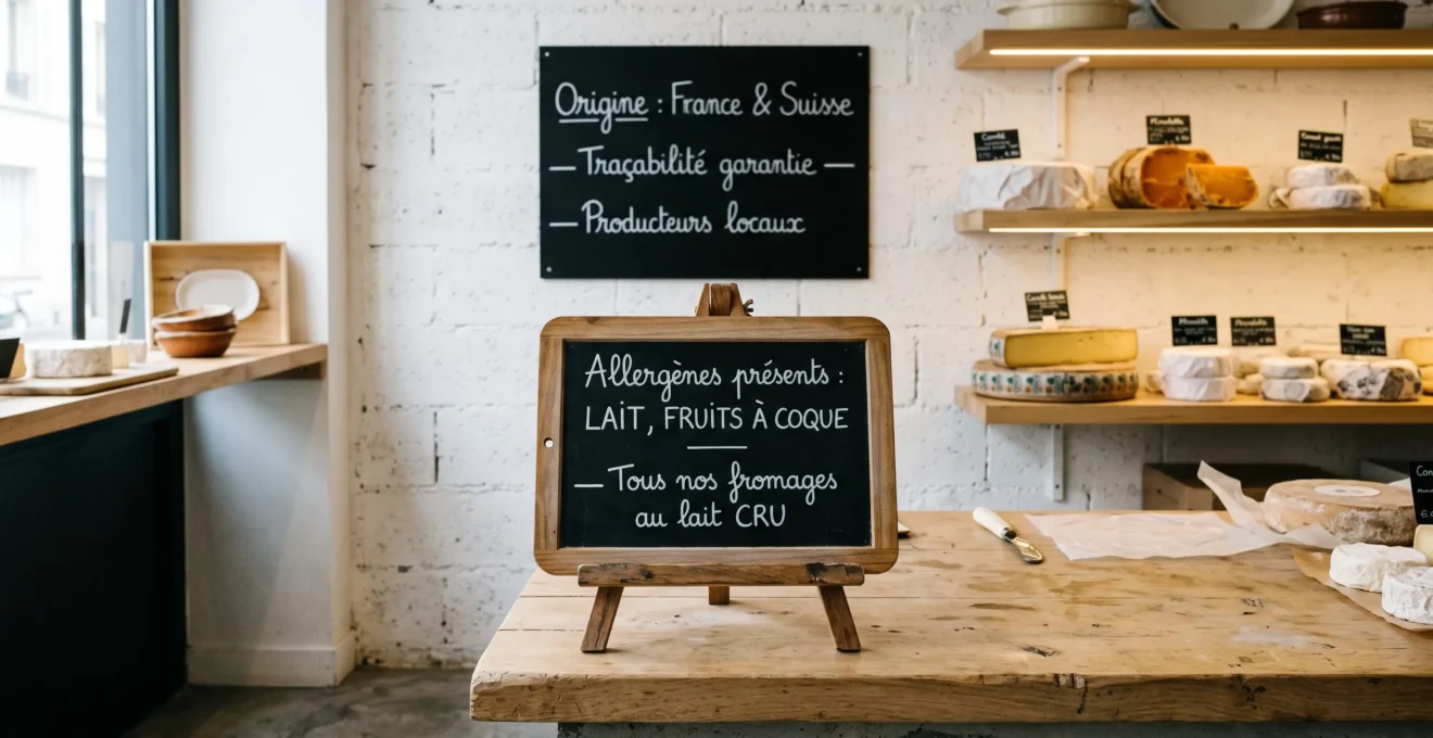 Comptoir de fromagerie artisanale avec chevalet de table et ardoise murale affichant en français les allergènes présents, l'origine des produits et la mention traçabilité garantie