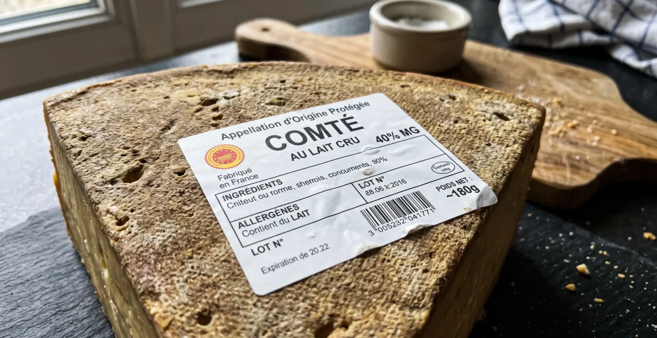 Gros plan sur une étiquette professionnelle imprimée apposée sur un fromage Comté AOP artisanal, affichant mentions obligatoires en français : origine France Jura, ingrédients, allergène lait, numéro de lot et date durabilité minimale