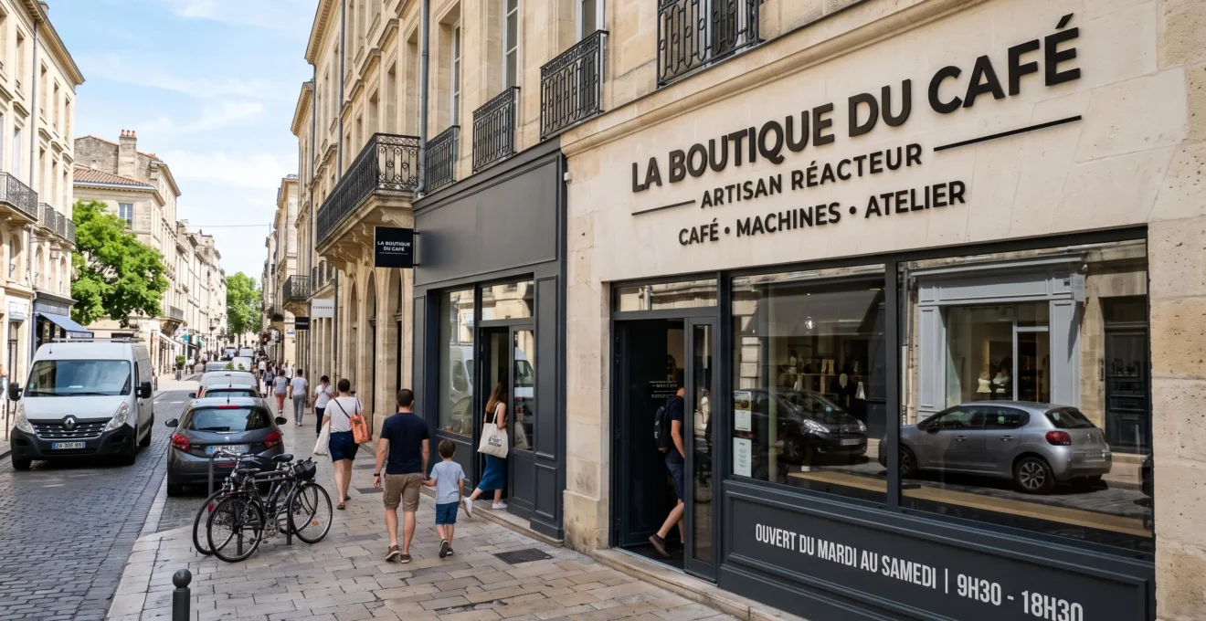 Façade de commerce avec enseigne moderne installée sur une rue commerçante française, démontrant l'impact visuel d'une signalétique professionnelle