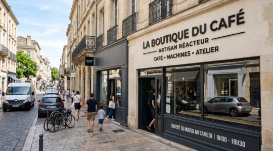 Façade de commerce avec enseigne moderne installée sur une rue commerçante française, démontrant l'impact visuel d'une signalétique professionnelle